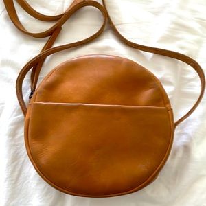 Tan leather Able circle crossbody purse 7.5” diameter